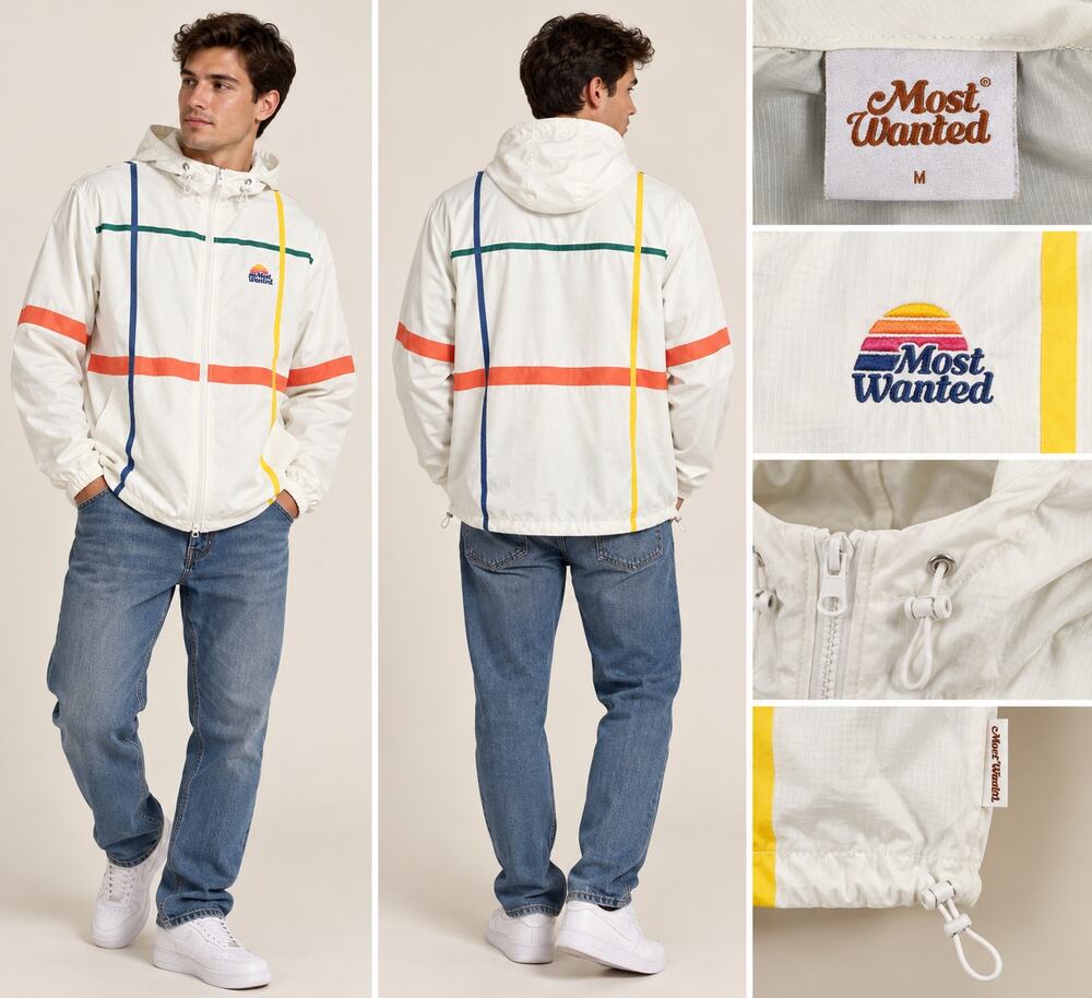 Most Wanted Windbreaker Jacket Men’s M White Colorblock Stripe Hooded Retro